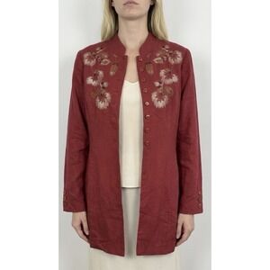 Dialogue Jacket Womens Embroidered Flower Linen Asian Country Longline Red
